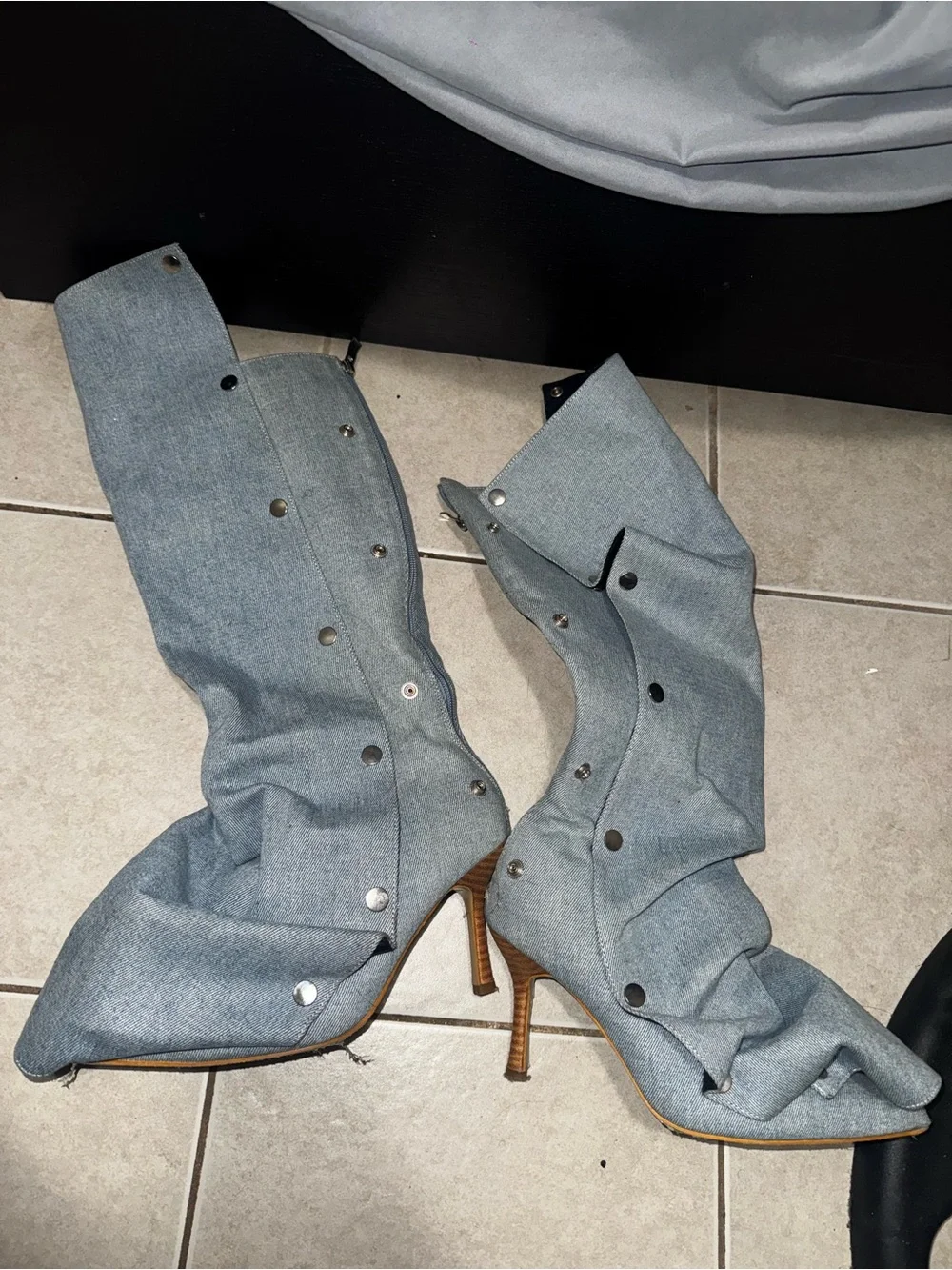 Light Blue Denim Stiletto Knee-High Boots